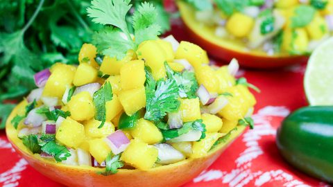 5 Ingredient Fresh Mango Salsa in mango cups / Running in a Skirt