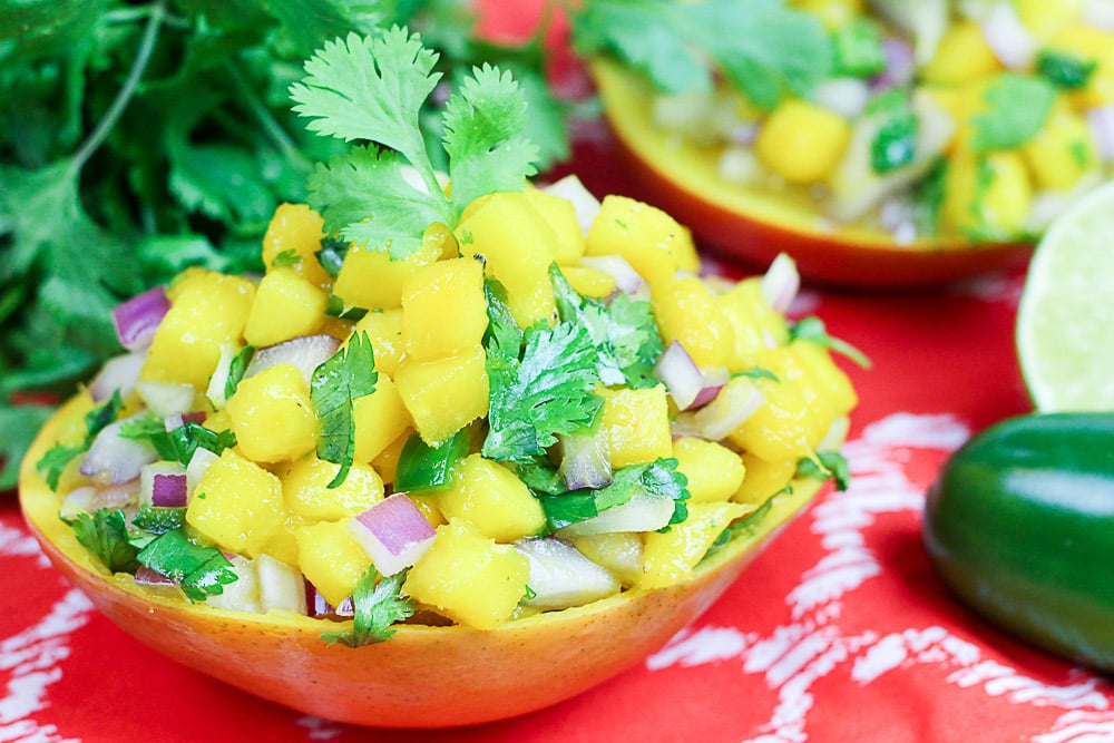 5 Ingredient Fresh Mango Salsa in mango cups / Running in a Skirt