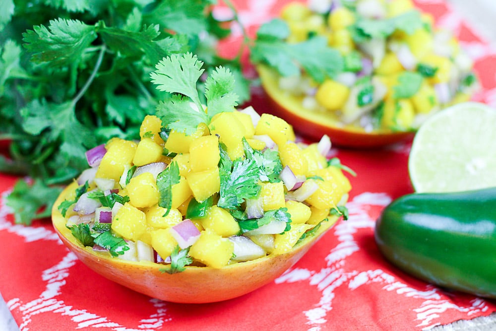 5 Ingredient Fresh Mango Salsa in mango cups / Running in a Skirt