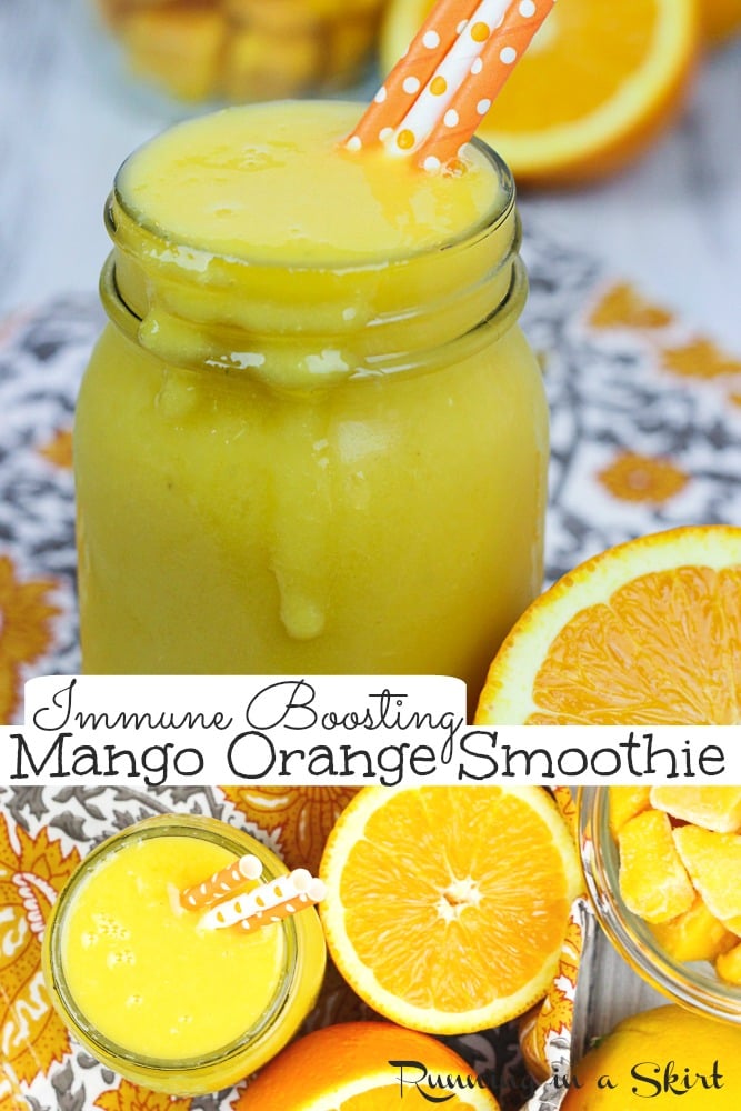 Mango Orange Smoothie recipe - healthy immune boosting smoothie. Includes recipe for banana or no banana options. Smooth, immunity boosting and delicious. Vegan, dairy free and added sugar free. / Running in a Skirt #healthy #recipe #smoothie #immuneboosting #orange via @juliewunder