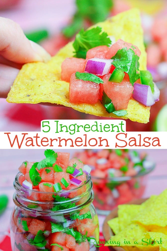 Watermelon Salsa recipe- only 5 Ingredients. This recipe easy is perfect for summer! Includes options to make it spicy or mild. This fruit salsa is healthy, fresh and the best Mexican inspired dip. Great for summer parties like the 4th of July. / Running in a Skirt #watermelon #healthy #recipe #salsa #fruit via @juliewunder