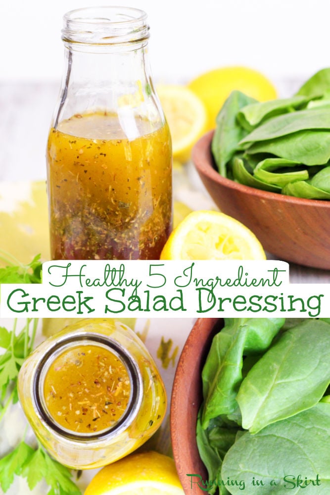 Homemade Healthy Greek Salad Dressing recipes. DIY with only 7 ingredients!! Clean eating with olive oils, red wines vinegar, lemon and herbs. This recipe is easy, vegan, dairy-free, skinny and simple. Great how to make instructions. Perfect on any salad. / Running in a Skirt via @juliewunder