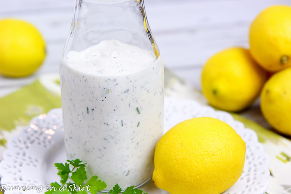 Bottle of healthy Greek yogurt ranch dressing.