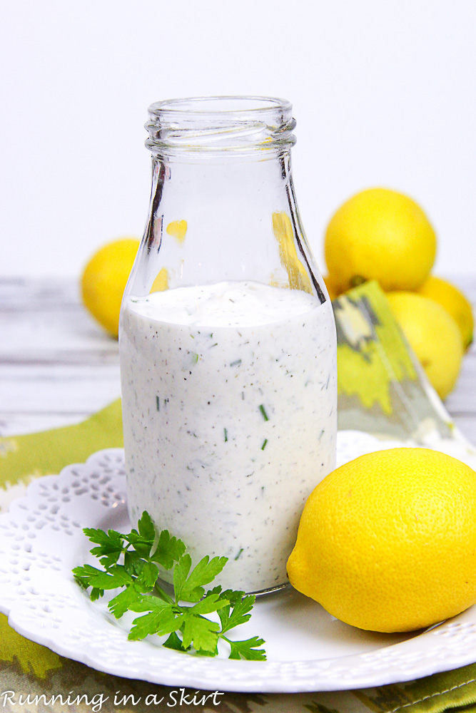 Healthy Greek Yogurt Ranch Dressing in a bottle.