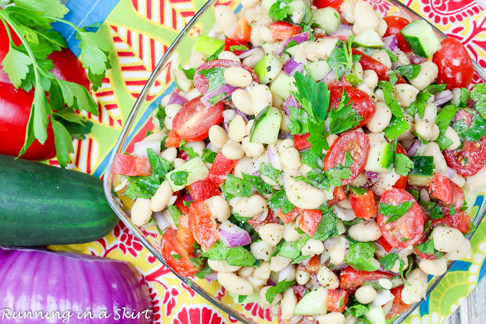 Parsley on top of salad on a colorful napkin.