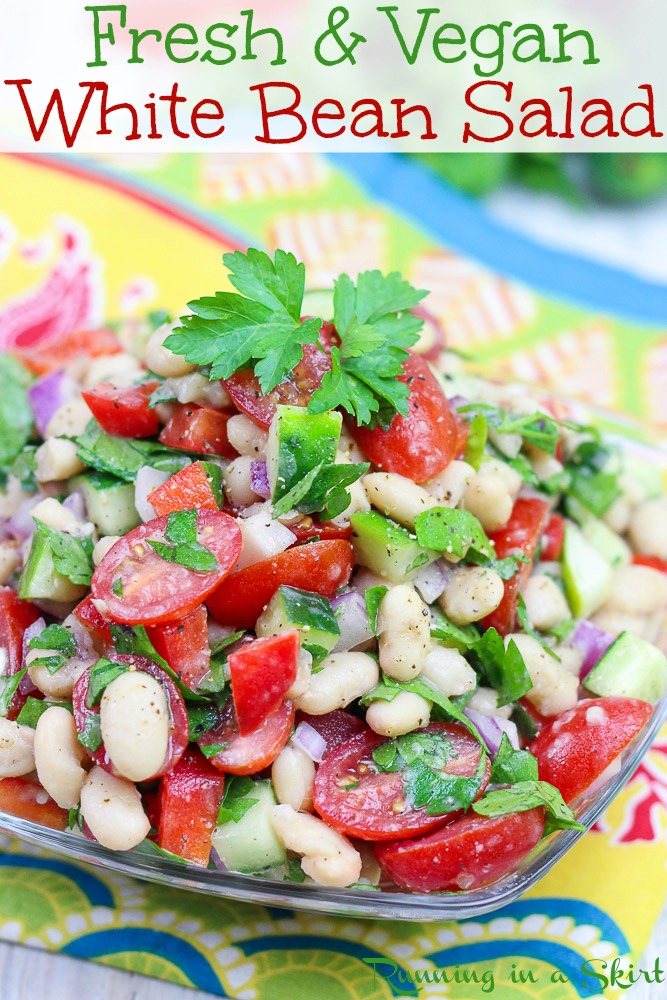 Fresh & Vegan White Bean Salad - Mediterranean flavors and packed with veggies like tomato, cucumber and bell peppers. Only 8 Ingredients! Perfect clean eating cold salad for summer. / Running in a Skirt #vegan #salad #vegetarian #cleaneating #recipe #healthy #healthyliving via @juliewunder