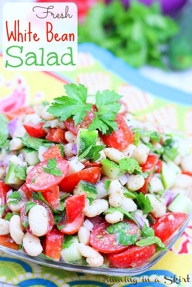 Easy Vegan Bean Salad recipe with white beans and tomato - pin for pinterest.