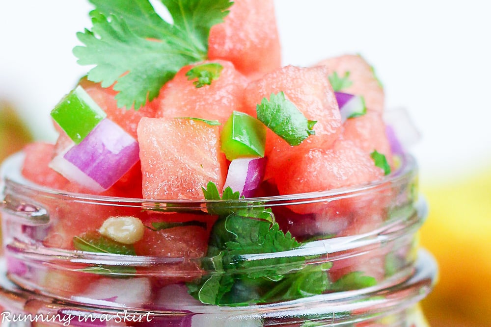 Close up of watermelon, red onion and cilantro.