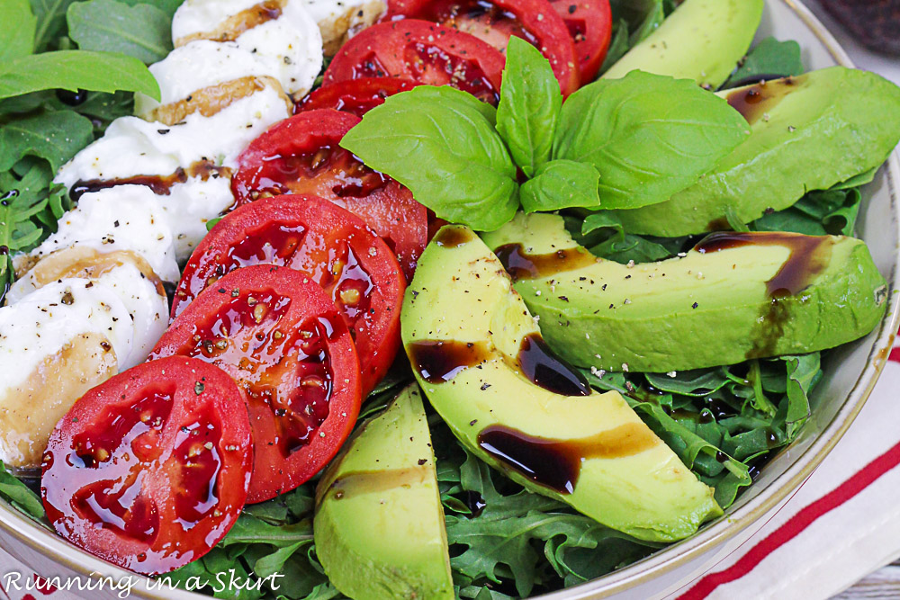 Closeup of the Avocado Caprese Salad in a bowl.