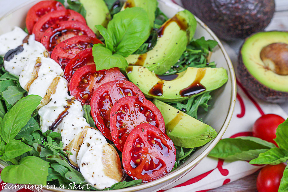 How to put the avocado caprese salad in a bowl.