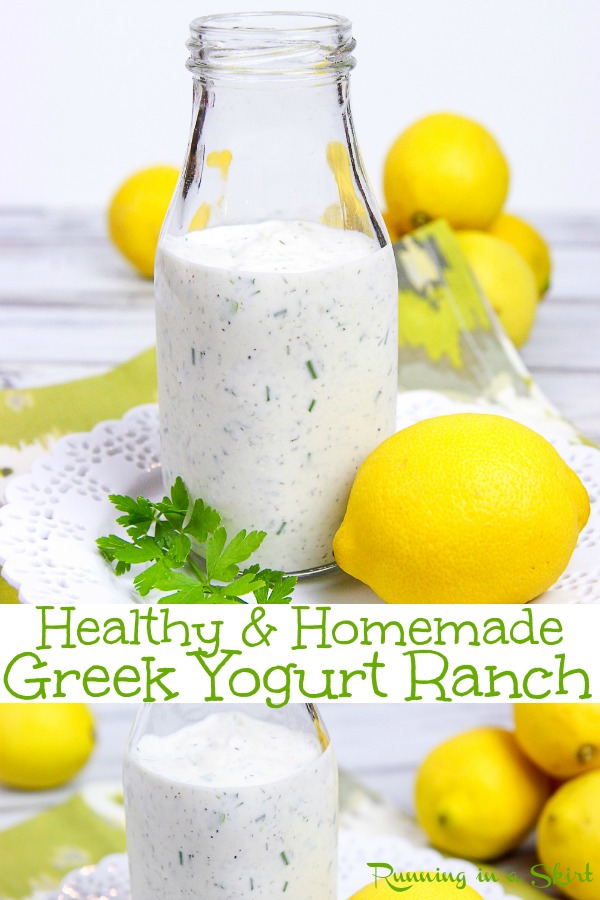 Homemade Healthy Greek Yogurt Ranch Dressing recipe. A DIY, Clean, simple and easy recipe using pantry staples. Can be made thicker to use as a dip. Tastes amazing- use for low carb, skinny or weight watchers to top a salad. You'll never miss the bottle! / Running in a Skirt #greekyogurt #ranchdressing #healthydressing via @juliewunder