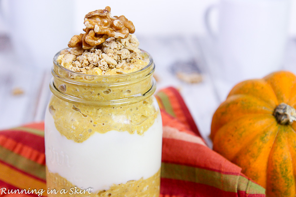 Close up of the Pumpkin Pie Overnight Oats recipe in a jar.