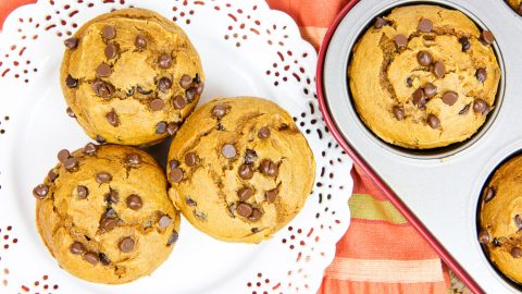 3 Ingredient Pumpkin Chocolate Chip Muffins on a decorative white plate.