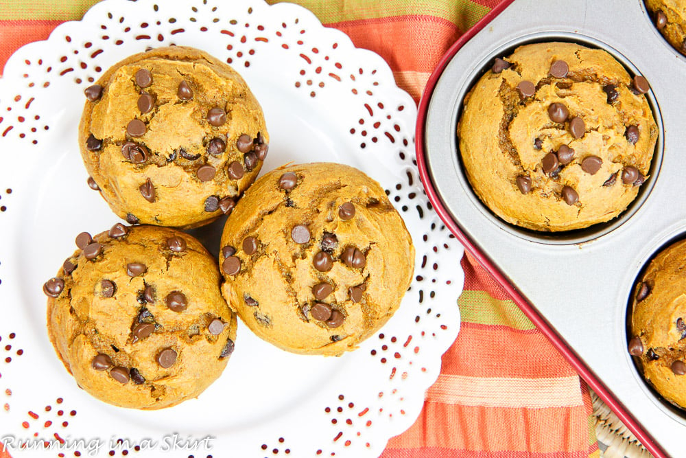 3 Ingredient Pumpkin Chocolate Chip Muffins on a decorative white plate.