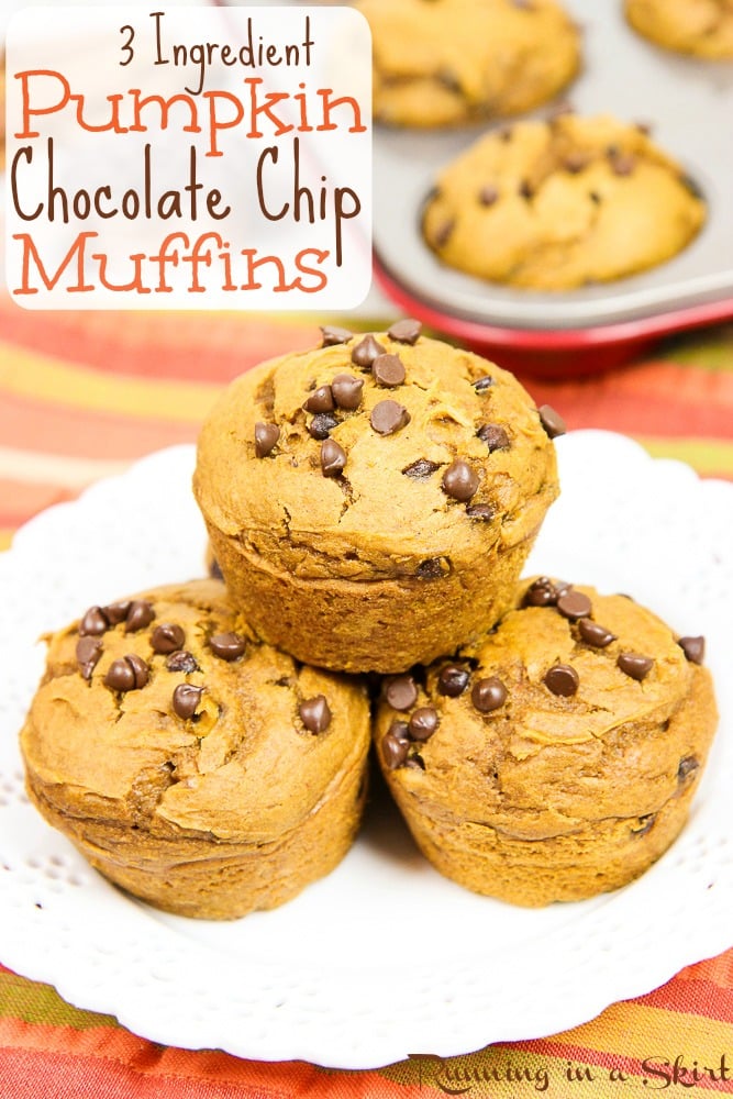 3 Ingredient Pumpkin Chocolate Chip Muffins stacked on a white plate.