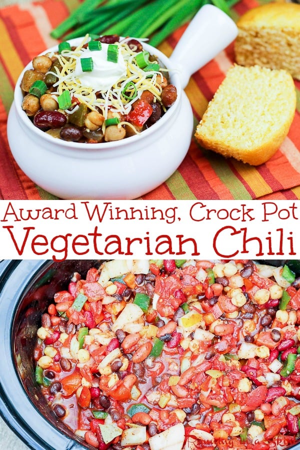 Easy Crock Pot Vegetarian Chili recipe - this chili WON a chili cookoff against meat chili! Healthy, vegan, gluten free and the perfect comfort foods. Filled with four different beans and veggies. / Running in a Skirt #vegan #vegetarian #veganslowcooker #vegancrockpot #vegetariancrockpot #vegetarianslowcooker #instantpot #veganinstantpot #healthy #chili via @juliewunder