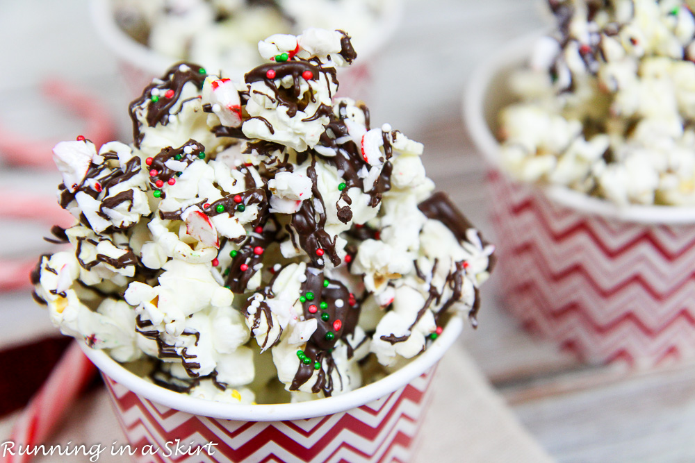 Dark Chocolate Peppermint Popcorn in a red and white striped gift bowl.