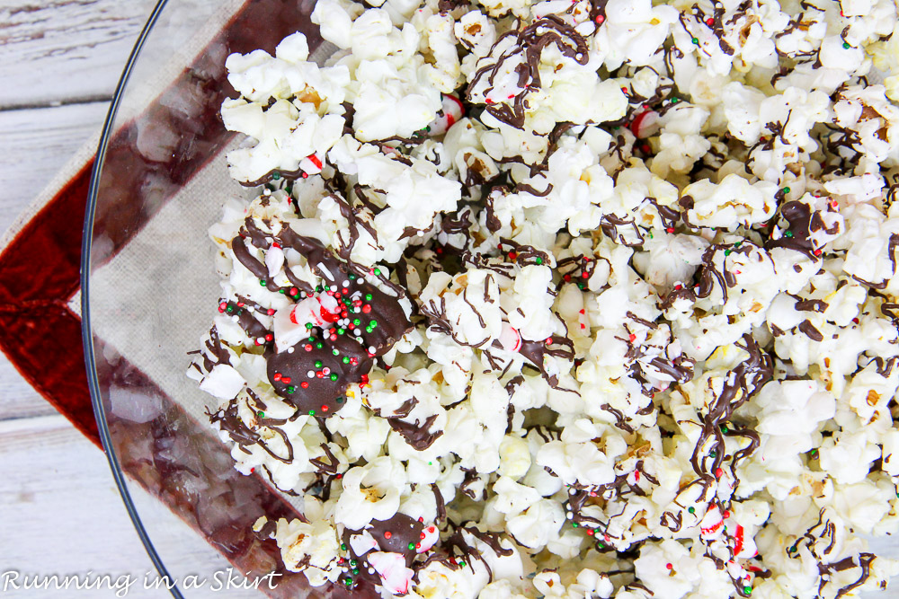 Dark Chocolate Peppermint Popcorn in a clear bowl.