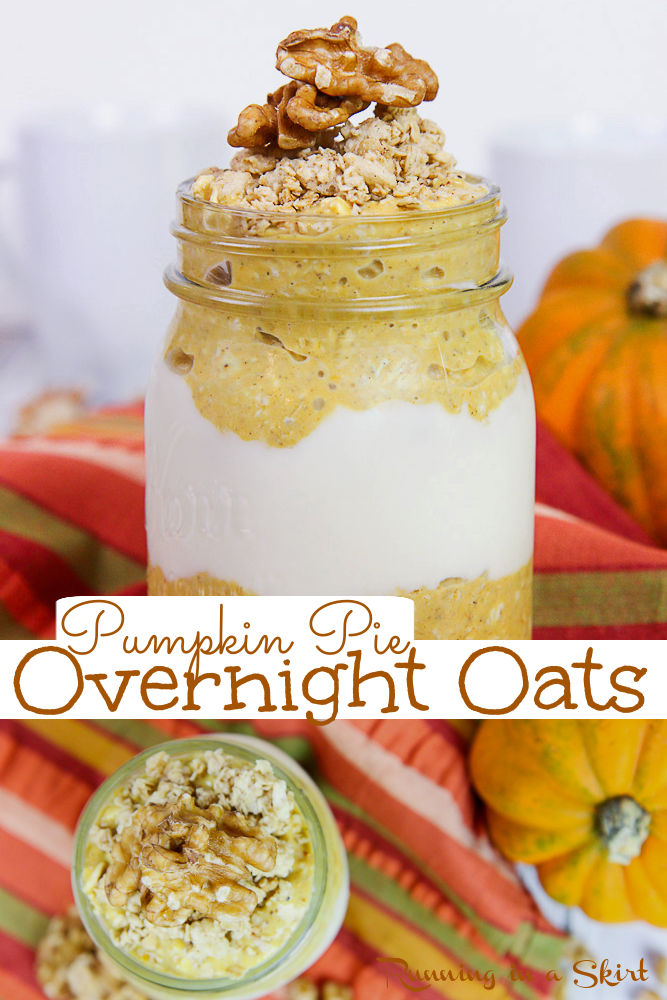 Pumpkin Overnight Oats Recipe - The best healthy & easy Pumpkin Pie Overnight Oats in a jar with oatmeal, pumpkin puree, pumpkin pie spice, almond milk, and with yogurt. Make it high protein by adding a scoop of protein powder. Looking for healthy breakfast recipes? This is it! Gluten Free, Vegetarian, Clean Eating / Running in a Skirt #overnightoats #breakfastrecipe #cleaneating #healthyliving #oatmeal #pumpkinrecipe #pumpkinspice via @juliewunder