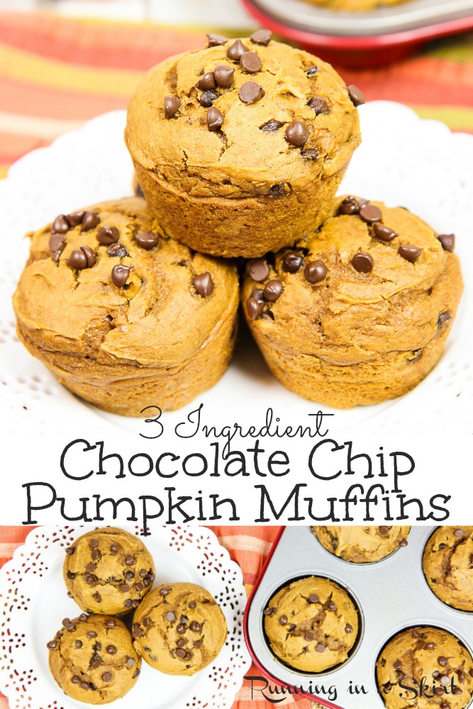 3 Ingredient Pumpkin Muffins recipe - this easy 2 ingredient recipe uses simple spice cake mix and pumpkin to make the best pumpkin cupcake. Add chocolate chips for a tasty healthy fall muffin that is insanely delicious and super moist. / Running in a Skirt #pumpkin #fall #2ingredients #3ingredients #pumpkinmuffin #healthyliving #recipe via @juliewunder