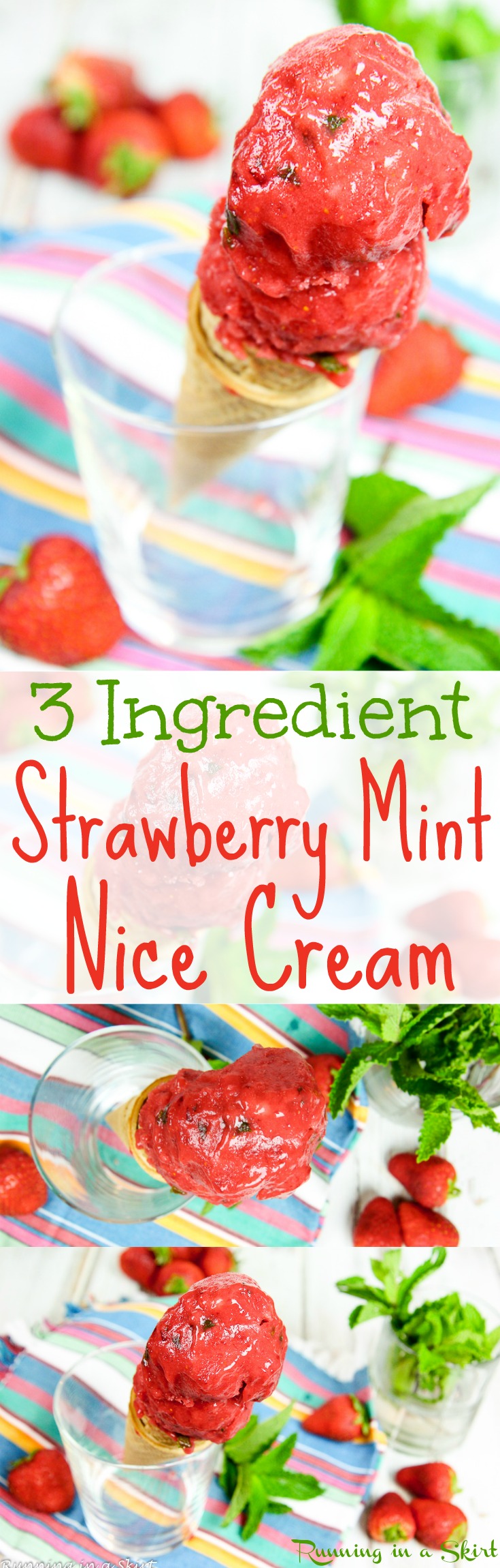 3 Ingredient Vegan Strawberry Nice Cream recipe with mint! This healthy fruit based treat is totally clean eating and free of added sugar. It's perfect as simple summer desserts or guilt-free sweet treats. This is an easy homemade recipe that is frozen banana free! Dairy-free, gluten-free, vegetarian and does not require an ice cream maker. / Running in a Skirt via @juliewunder