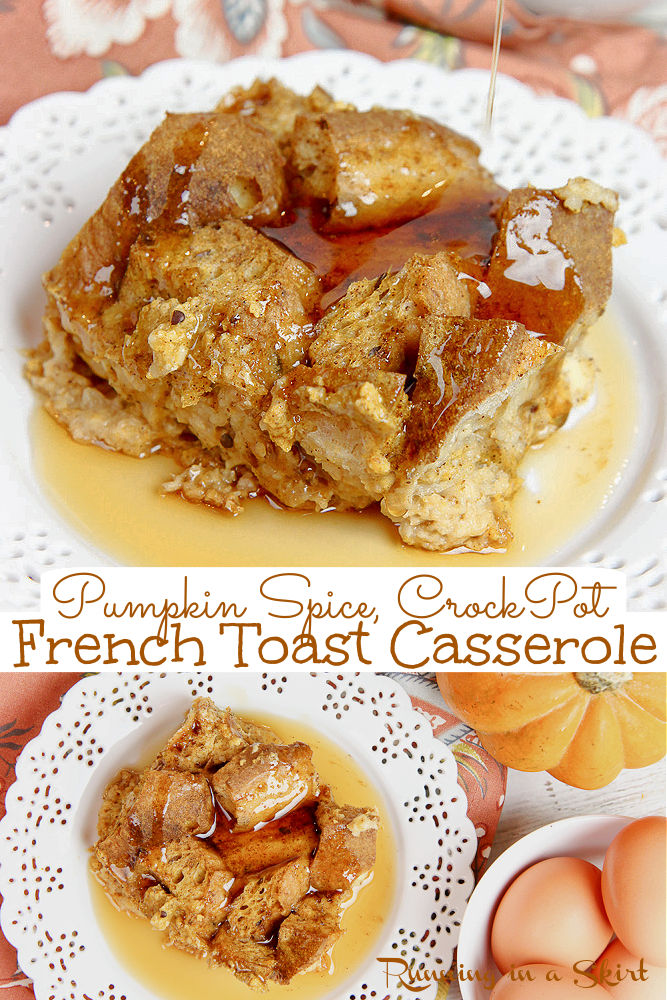 Pumpkin French Toast Casserole Recipe- Crock Pot or Oven instructions. The perfect Slow Cooker Healthy Pumpkin Spice Breakfast Bake with bread, pumpkin, eggs, milk (whole wheat, challah or brioche!) and pumpkin pie spice. So simple, quick and easy. Make ahead, soak overnight and cook in the morning. Top with maple syrup! Looking for healthy pumpkin recipes? This is it! Vegetarian / Running in a Skirt #pumpkin #pumpkinspice #thanksgiving #healthypumpkin via @juliewunder