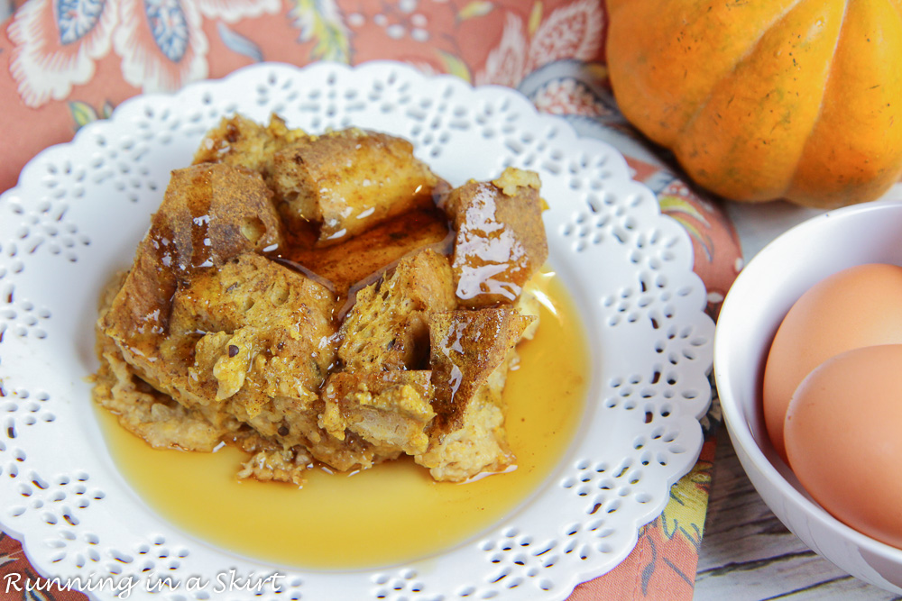 Pumpkin Crock Pot French Toast Casserole on a white plate.