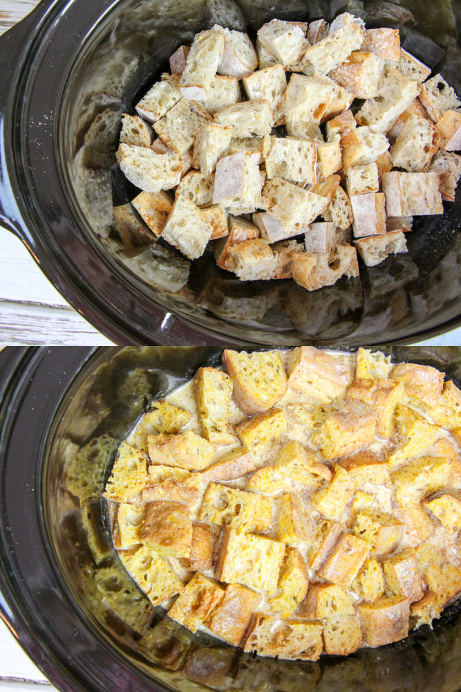 Process photos collage showing how to assemble the casserole in the crock pot.