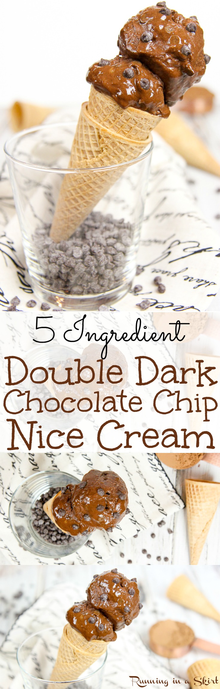 Creamy Double Dark Chocolate Nice Cream recipe! A healthy, clean eating ice cream alternative with frozen bananas. No ice cream maker needed! Recipes for a fun sweet treats that is guilt-free. Vegan, Dairy free, Added Sugar Free, Low Carb, Gluten Free, Vegetarian! / Running in a Skirt via @juliewunder
