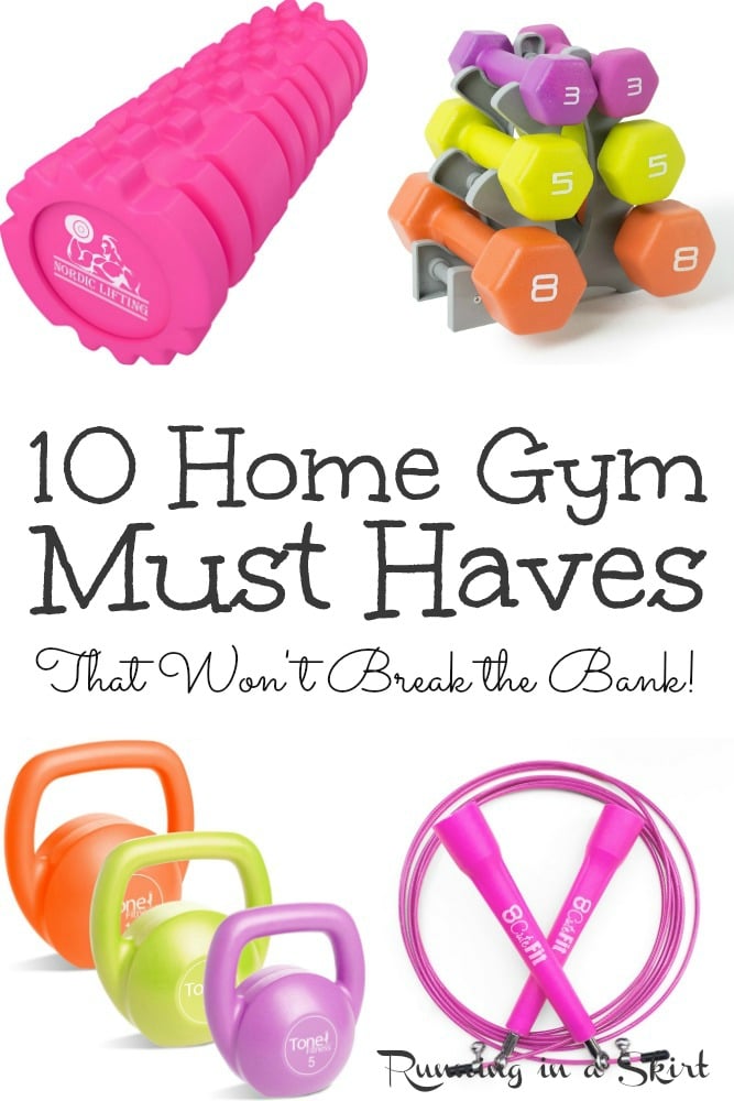 10 Home Gym Must Haves including budget friendly exercise equipment and ideas for your DIY workout rooms. Perfect for a small space, garage, basement or just a room in the house. These are the best essentials and weights you need to get started. / Running in a Skirt #homegym #workout #exercise #healthyliving #fitness via @juliewunder