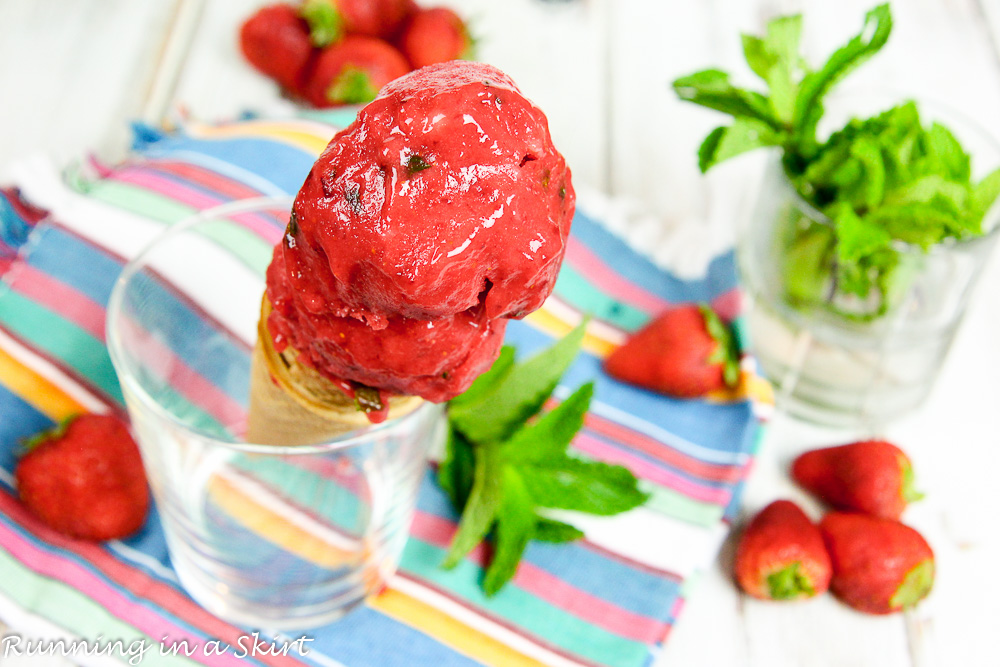 3 Ingredient Vegan Strawberry Sorbet - Strawberry Mint Nice Cream / Running in a Skirt