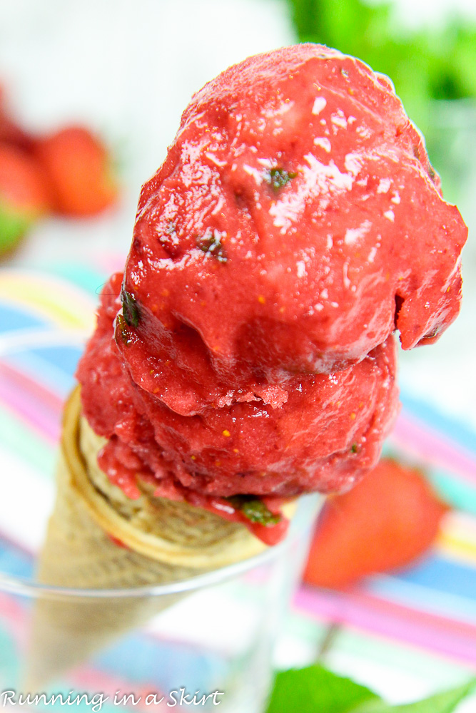 3 Ingredient Vegan Strawberry Sorbet - Strawberry Mint Nice Cream / Running in a Skirt