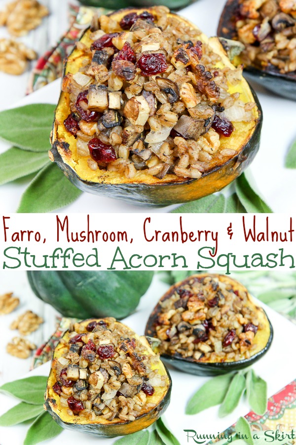 Vegetarian / Vegan Stuffed Acorn Squash recipe - filled with fall flavor like farro, mushroom, dried cranberries and walnut. The perfect healthy recipes for Thanksgiving Sides or Main course. / Running in a Skirt #thanksgiving #vegan #vegetarian #acornsquash #healthy #cleaneating #holiday #christmas #recipe #healthyrecipe via @juliewunder