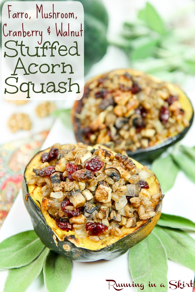 Stuffed acorn squash plated with fresh sage on a white plate.