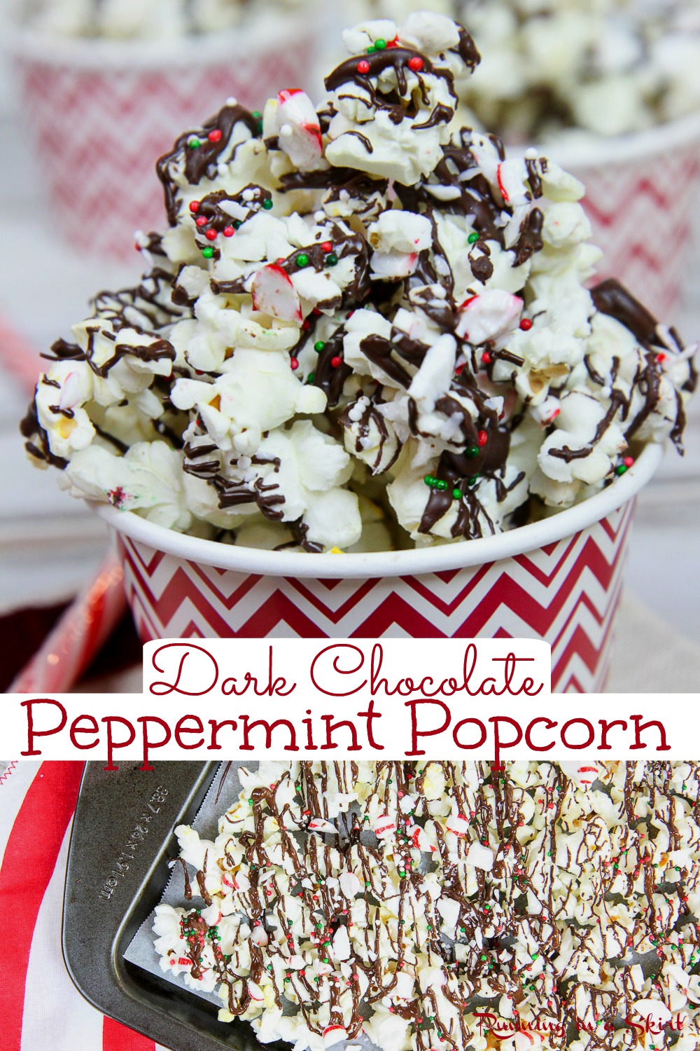 Peppermint Popcorn Recipe - The BEST Dark Chocolate Peppermint Popcorn including step by step how to make instructions. Only 4 Ingredients! Perfect for your favorite holiday or Christmas movie or a edible Christmas gift. Vegan, Vegetarian, Healthy, Gluten Free / Running in a Skirt #popcorn #christmas #healthychristmas #recipe via @juliewunder