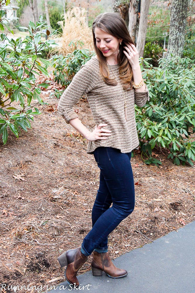 Brown & Gold Sweater with Ankle Boots / Running in a Skirt