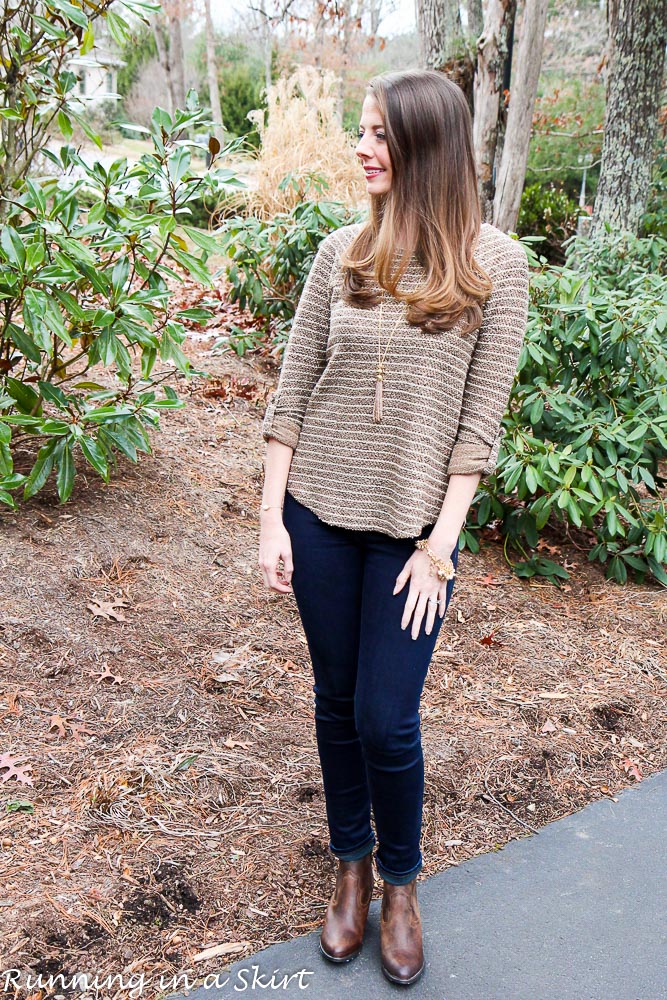 Brown & Gold Sweater with Ankle Boots / Running in a Skirt