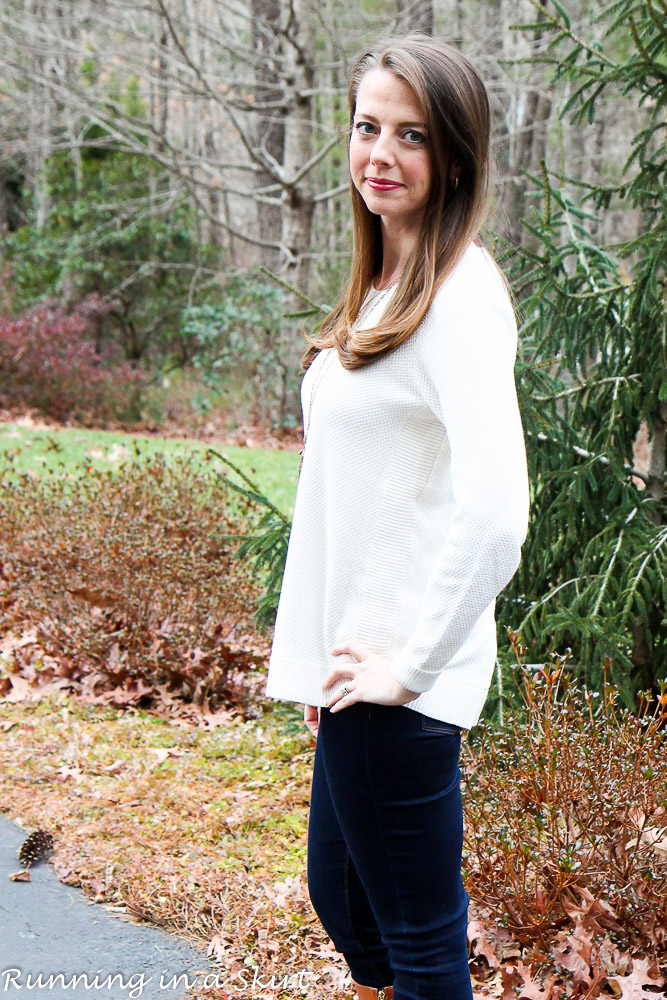 LOFT Cream Sweater and Jeans / Running in a Skirt