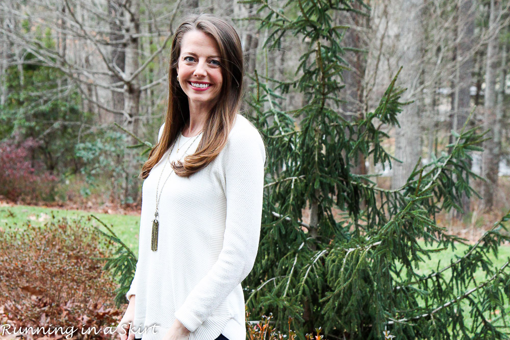 LOFT Cream Sweater and Jeans / Running in a Skirt