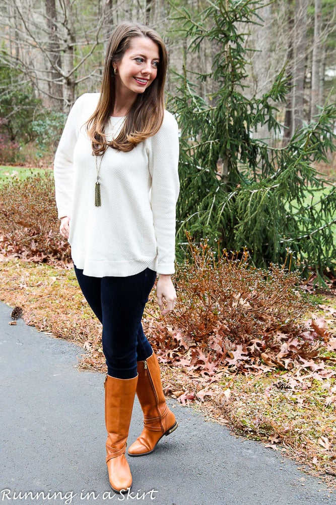 LOFT Cream Sweater and Jeans / Running in a Skirt