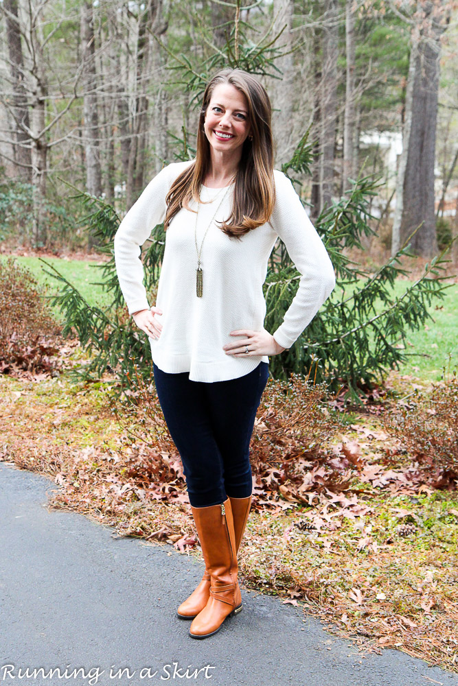 LOFT Cream Sweater and Jeans / Running in a Skirt