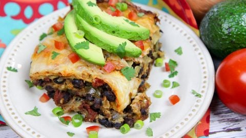 Crock Pot Vegetarian Enchilada Casserole on a white plate topped with garnishes.