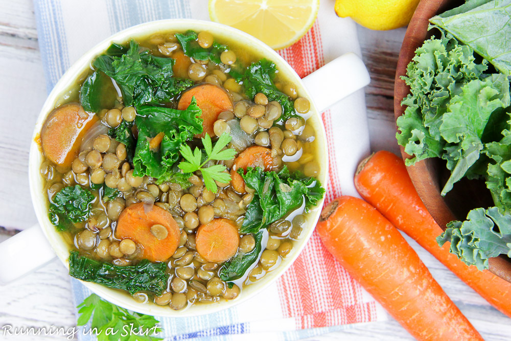 Overhead shot of Vegetarian Crockpot Lentil Soup in a white bowl.