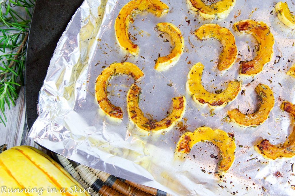 Process photo showing cooking Delicata Squash.