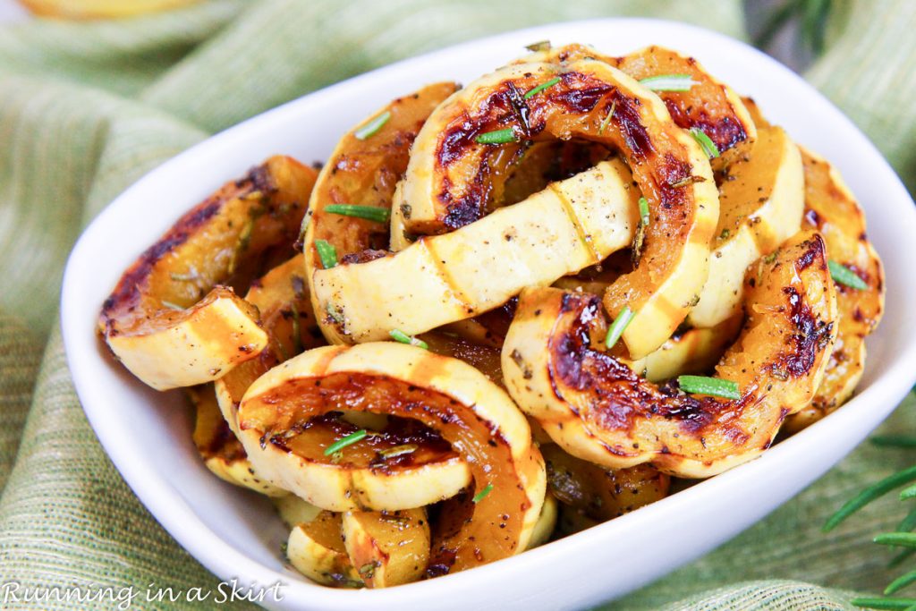 Cooking Delicata Squash recipe in a white bowl.