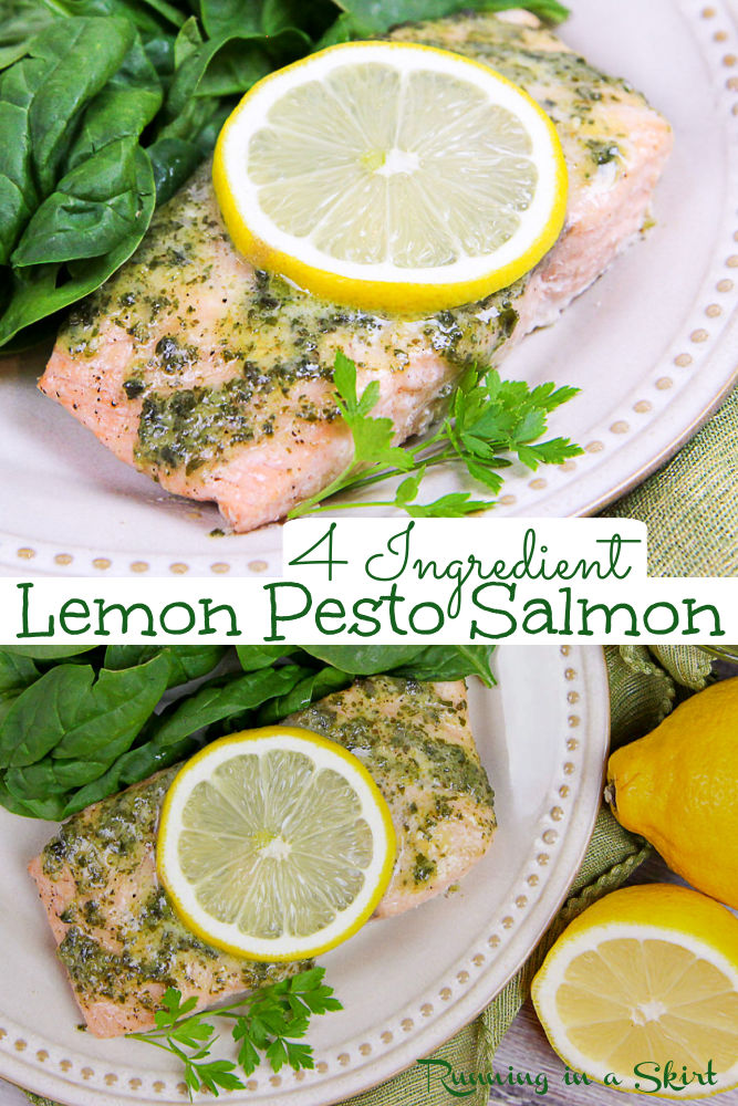 Easy Lemon Pesto Salmon recipe: A four Ingredient dinner that is simply baked in the oven for the perfect weekday meal!  You'll love how my healthy Baked Salmon with Pesto and Lemon comes together in less than 20 minutes, and it's packed with flavor and nutrients. #salmon #pesto #bakedsalmon #seafood #easydinner via @juliewunder
