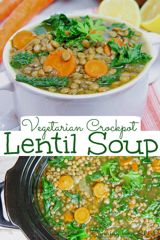 Crockpot Lentil Soup Recipe- Vegetarian/ Vegan. Healthy, easy and simple Slow Cooker Lentil Soup with veggies including carrots and kale. No sausage or ham! If you are looking for easy lentil recipes... this is it! / Running in a Skirt #vegetariancrockpot #slowcooker #veganslowcooker #vegan #vegetarian via @juliewunder