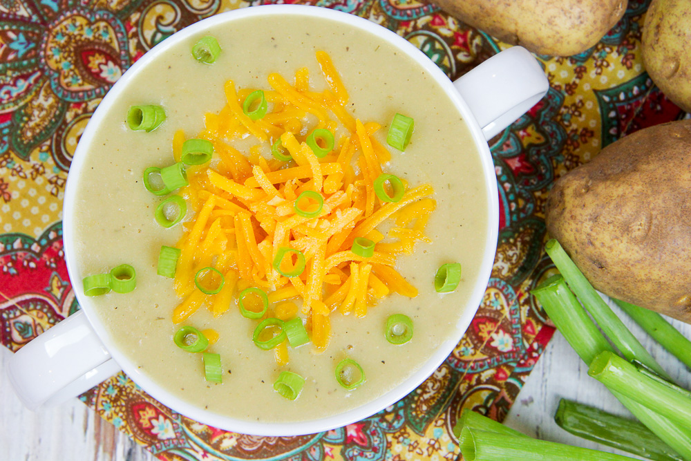A bowl of crock pot vegetarian potato soup.
