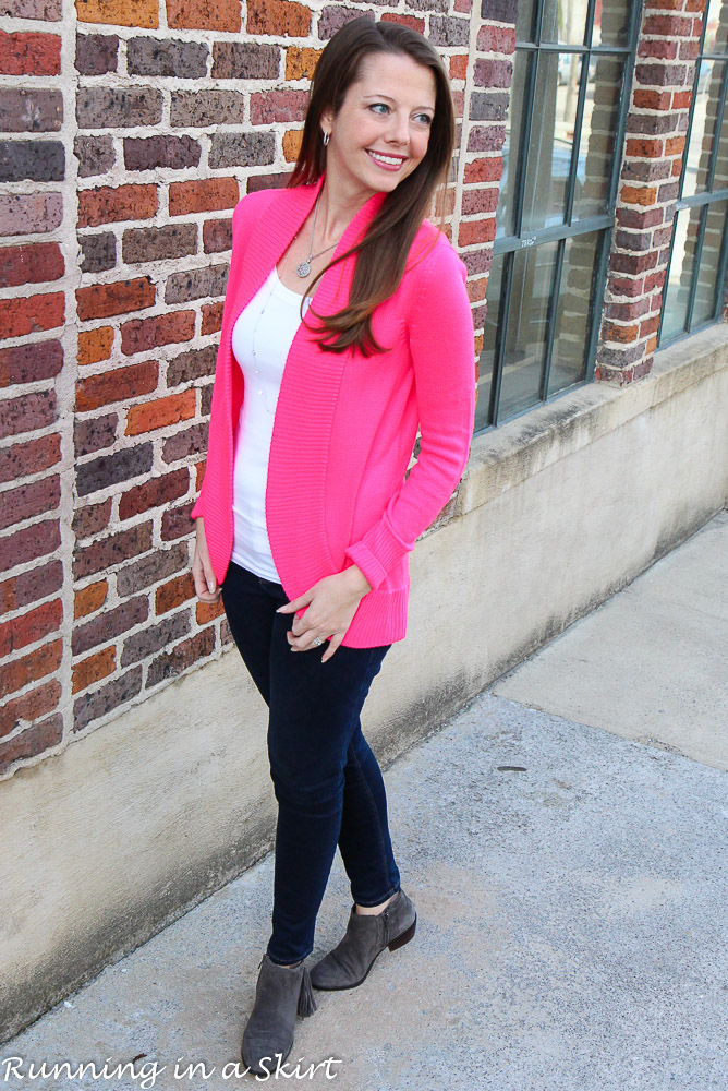 Pink Lilly Pulitzer Sweater with jeans and booties / Running in a Skirt