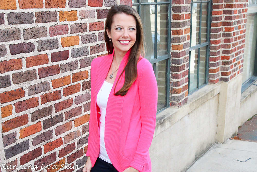 Pink Lilly Pulitzer Sweater with jeans and booties / Running in a Skirt